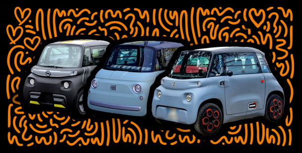 microcar Citroën Ami, Fiat Topolino e Opel Rocks-e
