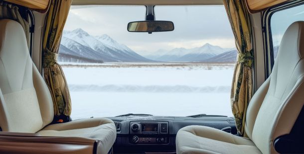 interno cabina di guida si un camper che affaccia su un lago di montagna