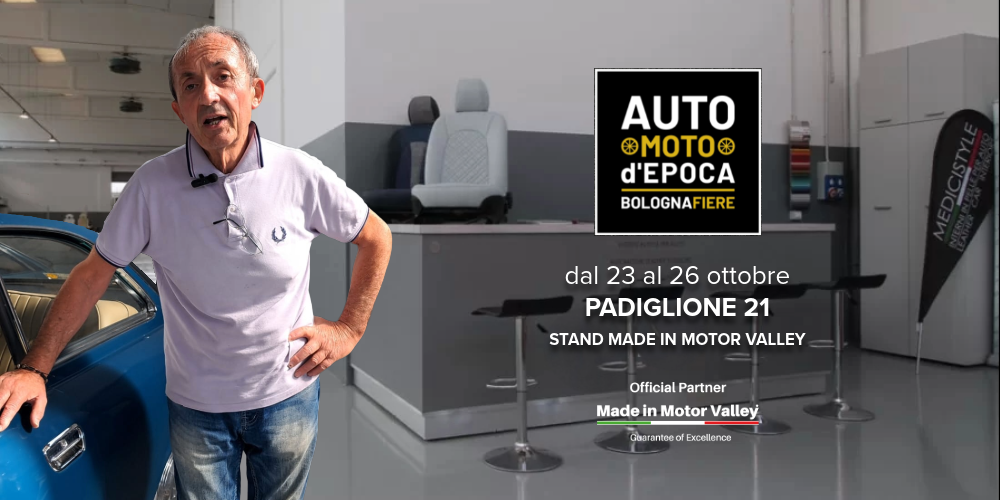invito a partecipare alla fiera Auto e Moto d'Epoca con Maurizio Medici in primo piano