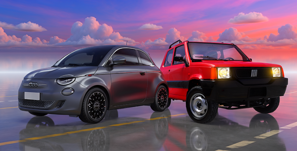 syulla sinistra una nuova 500 grigia, sulla destra una vecchia panda 4x4 rossa