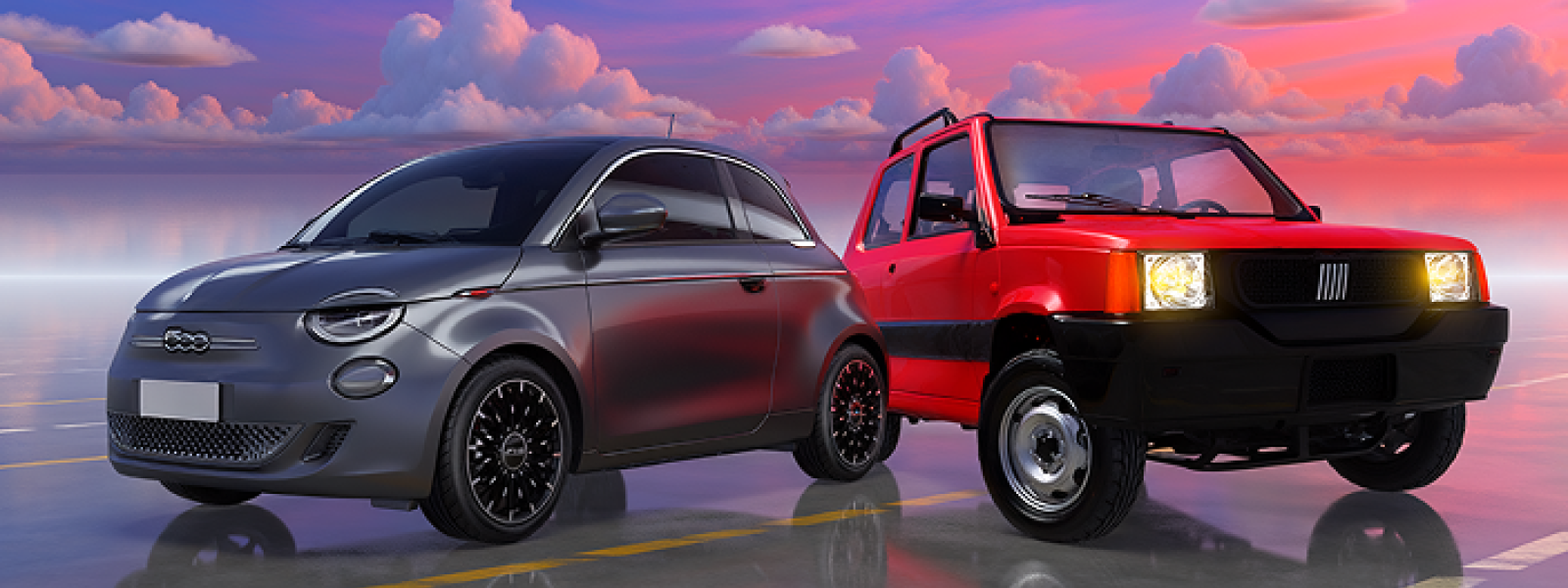 syulla sinistra una nuova 500 grigia, sulla destra una vecchia panda 4x4 rossa