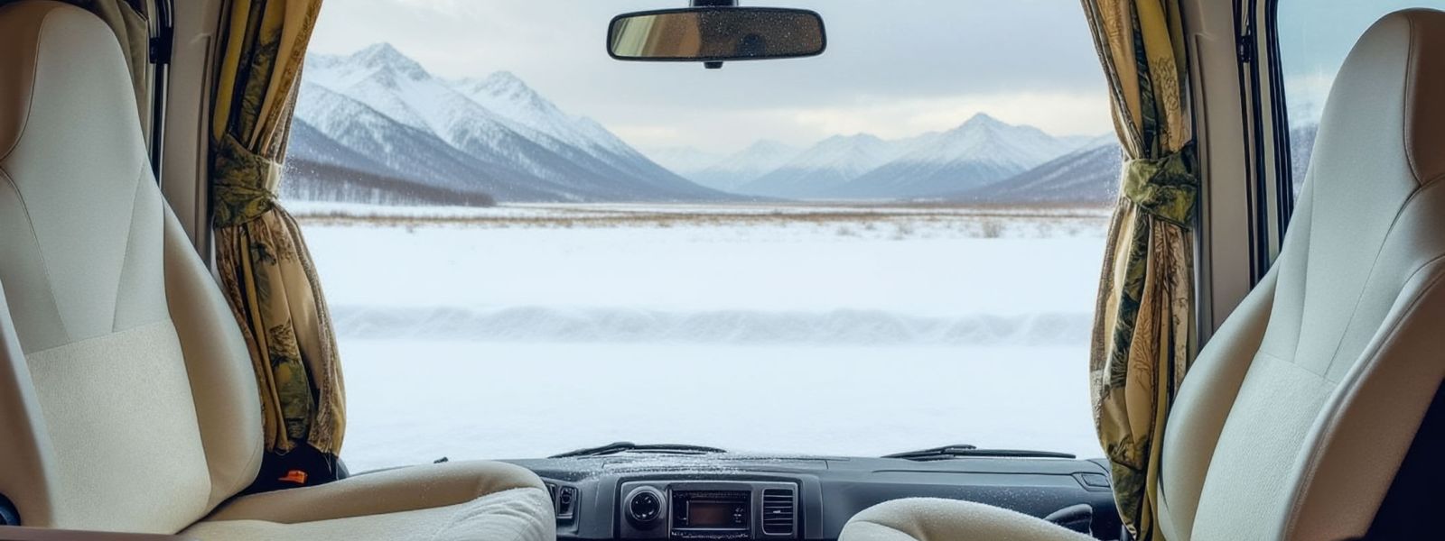 interno cabina di guida si un camper che affaccia su un lago di montagna