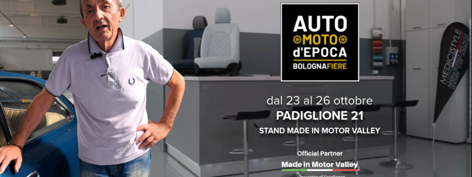 invito a partecipare alla fiera Auto e Moto d'Epoca con Maurizio Medici in primo piano